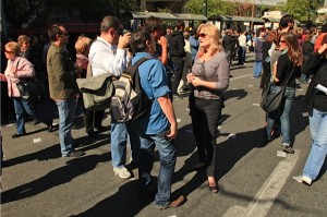 Myles interviewing woman in Athens 10-19-11